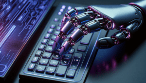 main robot violet tapant sur clavier ordinateur futuriste technologie avancee