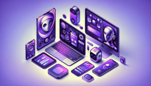 collage objets technologiques violets telephone tablette ordinateur portable ordinateur bureau interface chatbot IA.jpeg