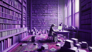 femme moyen orient travaillant ordinateur bibliotheque violette livres plagiat.jpg