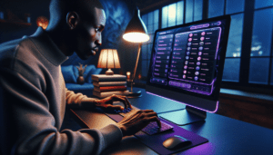 homme noir etudie langues ordinateur bureau violet applications apprentissage lumiere douce.jpg