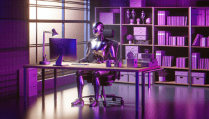 robot humanoide bureau violet moderne details livre decoration ordinateur chaise pivotante