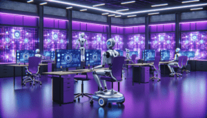 Bureau Violet Theme Robots Argentes Haute Technologie Efficacite Travail Realisme Design Epure Mobilier Ergonomique 2021