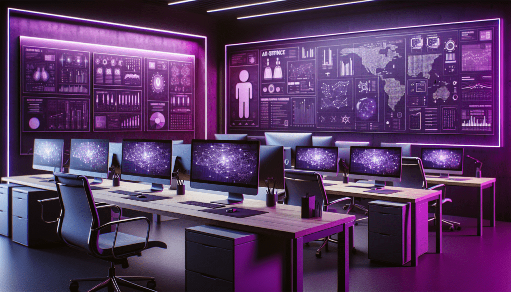 bureau affaires theme violet ordinateurs modernes decor intelligence artificielle lieu travail innovant progressiste.jpg