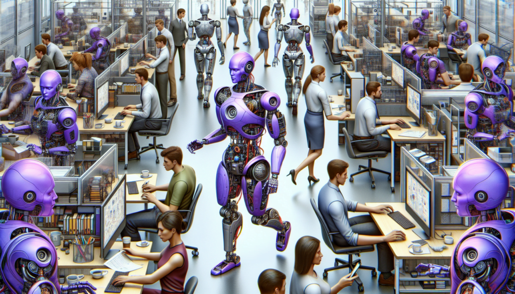 bureau contemporain avec robots vitruviens violets et humains diversifies travaillant ensemble style realiste detaille.jpeg
