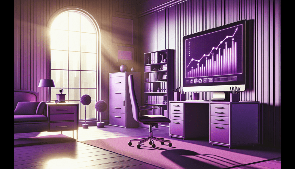 bureau professionnel hyperrealiste violet avec ecran ordinateur graphique carriere et objets bureau lumiere soleil fenetre arc.jpg