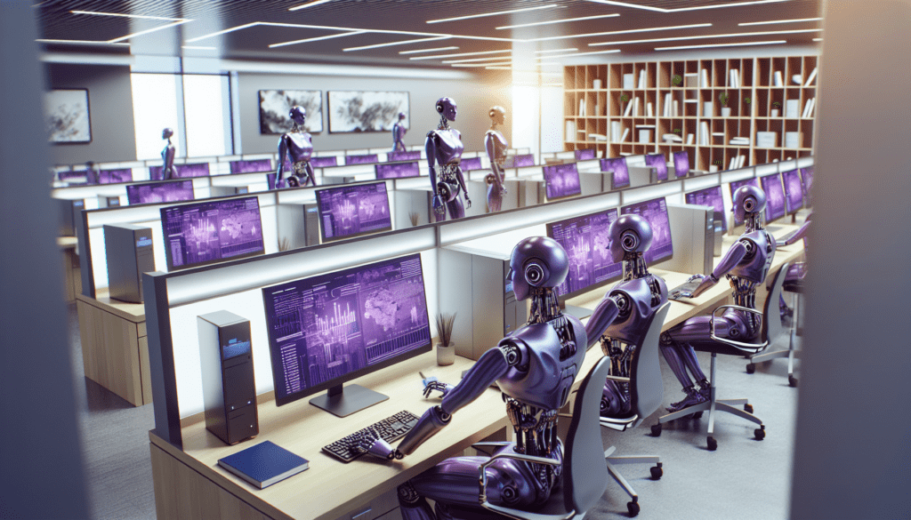 bureau ultra realiste avec oeuvres art modernes robots humanoides violets travaillant sur postes informatiques.jpg
