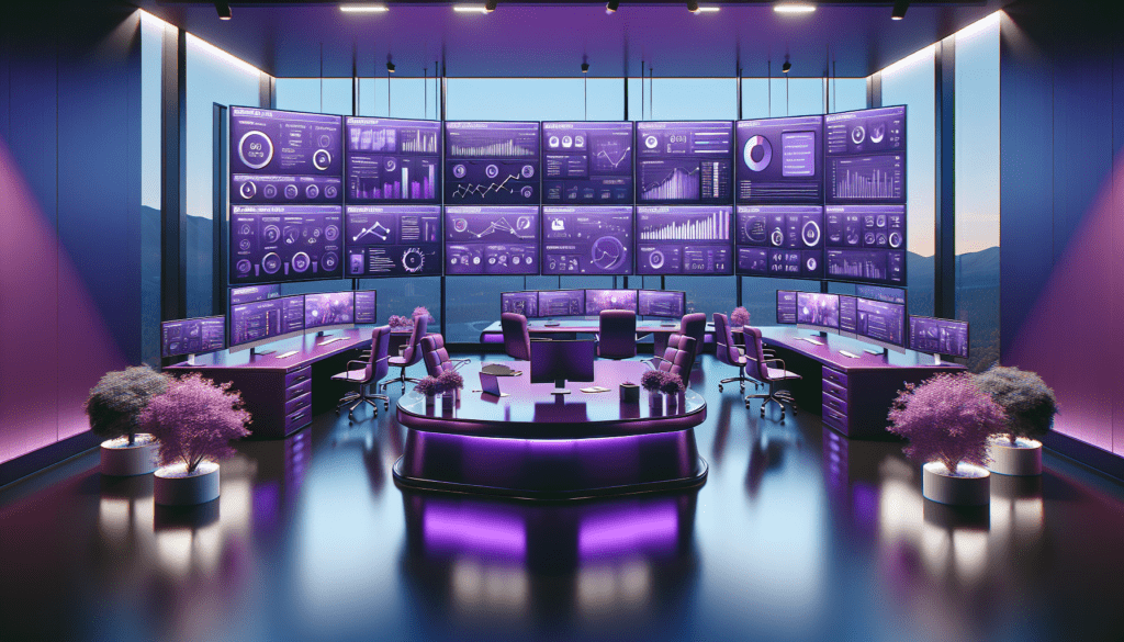bureau violet realiste avec ecrans affichant tableaux de bord pour automatisation reseaux sociaux et elements decoratifs 01