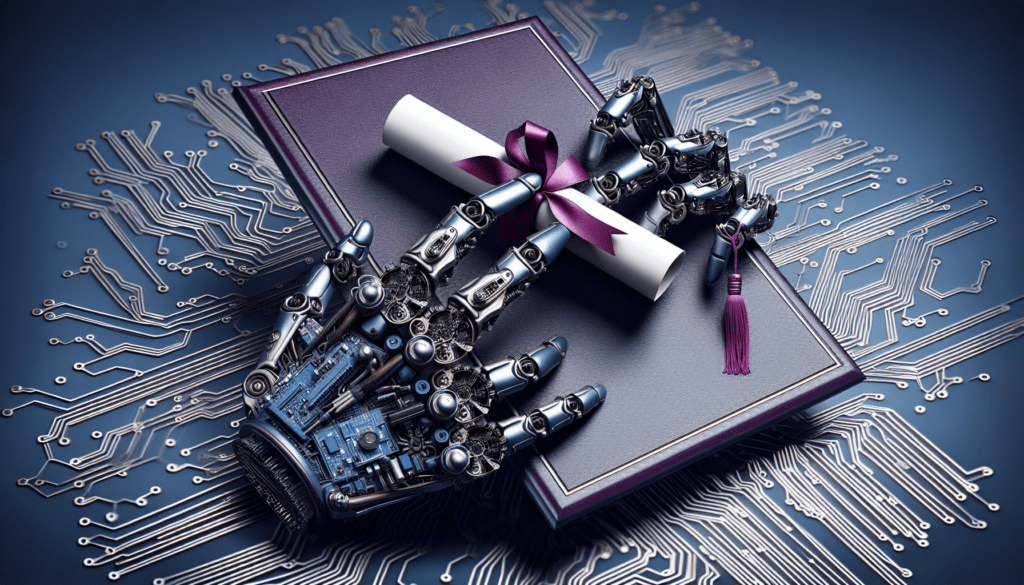 diplome violet tenue main robotique acier metal sur fond circuit imprime technologie contraste academique contemporain.jpg