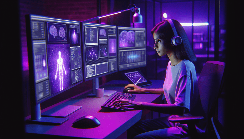 femme sud asiatique etudie intelligence artificielle station travail informatique avancee violette analyse algorithmes donnees IA ambiance apaisante.jpg
