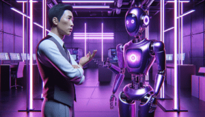 homme asiatique perplexe robot service client avance environnement futuriste industriel lumieres violettes.jpeg