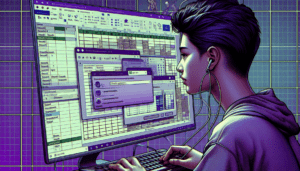 illustration personne asiatique utilisant logiciel tableur chat integre nuances violet.jpg