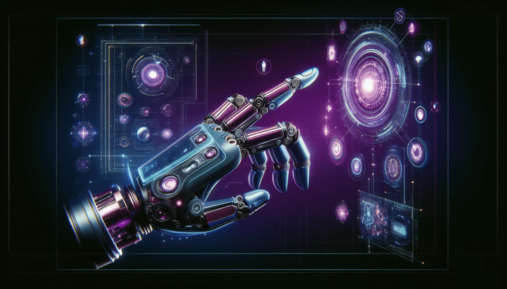 main robotique futuriste interagissant avec interface holographique violette