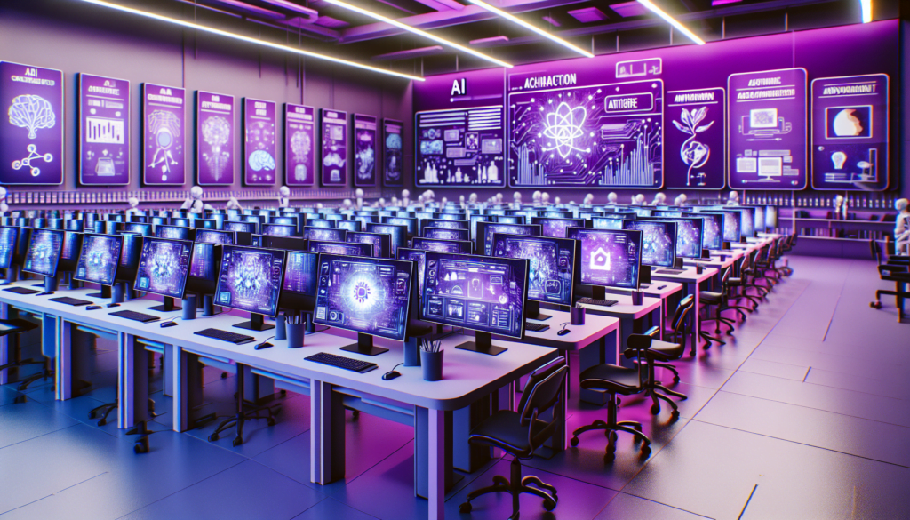 salle de classe violette avec ordinateurs logiciels IA innovants secteurs industriels analyse donnees prediction tendances affiches pedagogiques apprentissage innovation progres.jpg