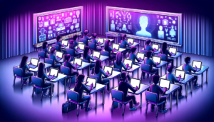 scene educative salle de classe violette eleves diversifies tablettes intelligence artificielle style realiste.jpg