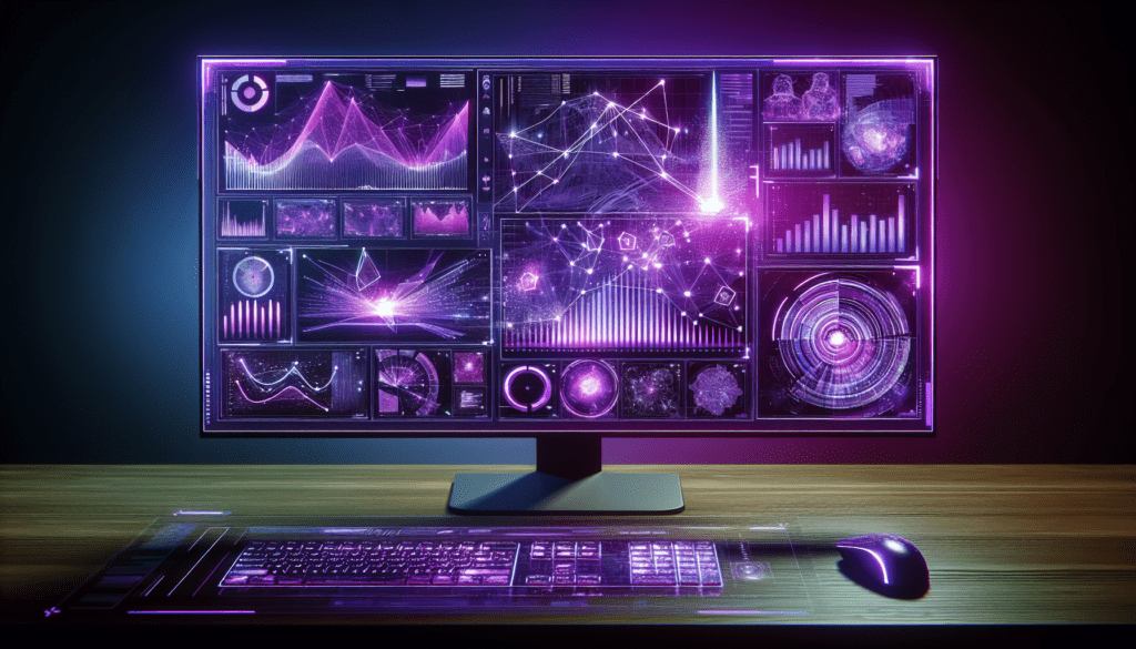 tableau de bord informatique futuriste violet analyse predictive graphiques holographiques 3D tendances futures