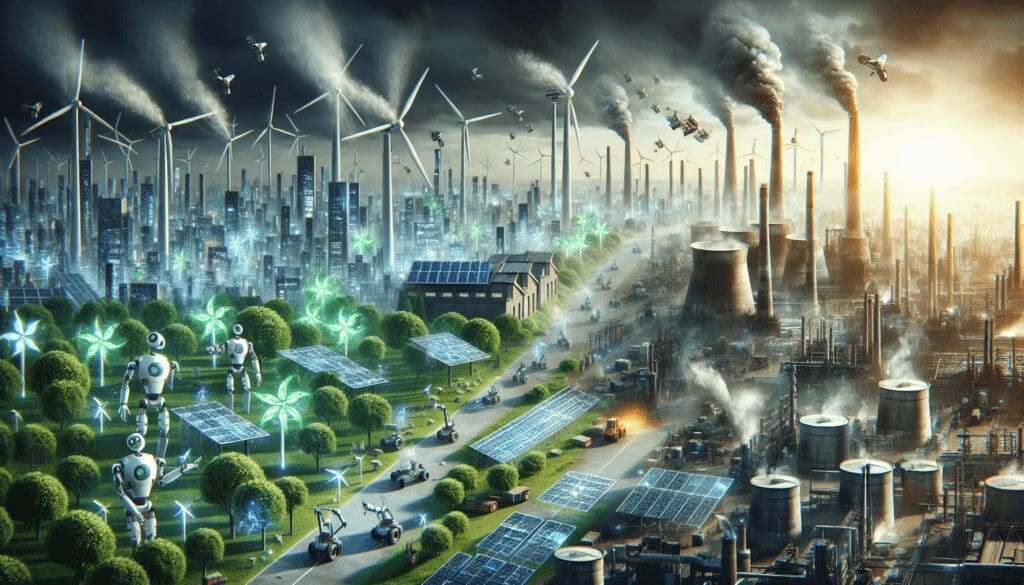 Imaginez un paysage urbain du futur, débordant de technologies vertes. Des panneaux solaires scintillants sont partout, des éoliennes tournent majestueusement dans la brise. Des robots de formes et de tailles variées sont activement engagés dans des tâches environnementales, plantant des arbres et purifiant l'air avec des dispositifs high-tech. À côté de cette utopie, il y a un contraste frappant : une zone industrielle polluée et grise. Les cheminées des usines crachent de la fumée, créant une brume lugubre. Les machines cliquettent bruyamment, et le sol est jonché de déchets. Cette scène illustre la juxtaposition entre un avenir durable et un passé sombre et pollué. - Furybiz