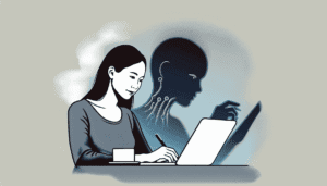 Créez une illustration simple d'une femme asiatique écrivant sur un ordinateur portable. En arrière-plan, représentez une figure abstraite et ombragée symbolisant l'intelligence artificielle, flottant doucement comme si elle dirigeait ses actions. - Furybiz