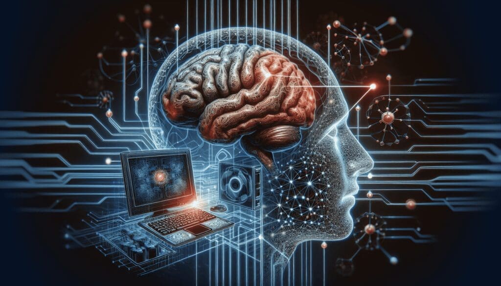 Créez une illustration détaillée montrant un cerveau humain lié de manière complexe à un système informatique. L'image doit symboliser l'intersection de l'intelligence artificielle et de la pensée humaine. Le cerveau doit être représenté avec un grand niveau de détail, montrant toutes ses complexités, tout en se connectant harmonieusement à l'ordinateur qui représente les outils d'intelligence artificielle. L'accent doit être mis sur la manière dont l'IA analyse les processus de pensée humaine, comblant le fossé entre la cognition naturelle et l'intelligence computationnelle. - Furybiz