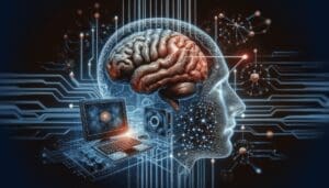 Créez une illustration détaillée montrant un cerveau humain lié de manière complexe à un système informatique. L'image doit symboliser l'intersection de l'intelligence artificielle et de la pensée humaine. Le cerveau doit être représenté avec un grand niveau de détail, montrant toutes ses complexités, tout en se connectant harmonieusement à l'ordinateur qui représente les outils d'intelligence artificielle. L'accent doit être mis sur la manière dont l'IA analyse les processus de pensée humaine, comblant le fossé entre la cognition naturelle et l'intelligence computationnelle. - Furybiz