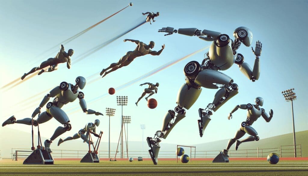 Imaginez une scène où des robots ont pris le rôle d'athlètes, s'engageant dans divers sports sur un vaste terrain ouvert. Un robot est conçu pour la vitesse, sprintant rapidement avec un design aérodynamique, tandis qu'un autre robot est visiblement plus massif, construit pour conquérir les sports axés sur la force. Le troisième robot a un corps flexible pour la gymnastique. Les robots démontrent l'innovation et l'esprit sportif, remplaçant le besoin d'athlètes humains. Tout autour, le ciel est dégagé, mettant en valeur le terrain de sport et les activités des robots. Une vue simpliste où l'accent est principalement mis sur les robots et leurs capacités athlétiques. - Furybiz