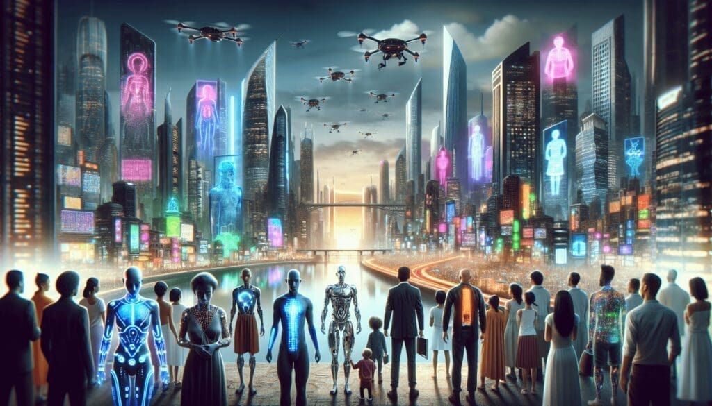 Imaginez une ville époustouflante située dans un futur lointain. La ville est animée par une technologie avancée, des gratte-ciels atteignant les nuages, des enseignes au néon clignotant avec des messages, des drones bourdonnant au-dessus et des hyperloops traversant la ville. Au premier plan, dépeignez un groupe de personnes riches avec diverses améliorations cybernétiques telles que des membres plaqués de chrome, des tatouages intégrés de LED et des interfaces holographiques. Ils sont hommes et femmes, de descendance noire, caucasienne et hispanique. En contraste frappant, l'arrière-plan est rempli de personnes de tous horizons, y compris des individus asiatiques, moyen-orientaux et sud-asiatiques, qui semblent inchangés par les avancées technologiques autour d'eux. - Furybiz
