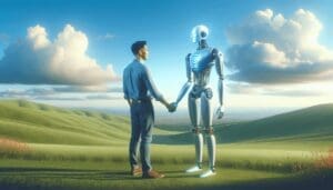 Créez une image illustrant une scène paisible. Dans cette scène, représentez un homme sud-asiatique et un robot hyper-avancé, tous deux debout côte à côte sous un ciel bleu serein. Ils se tiennent par la main, indiquant un lien fort et une coexistence pacifique entre les humains et la technologie. L'homme sourit en regardant le robot, suggérant une interaction positive. Le robot présente des caractéristiques humanoïdes dans un design futuriste et avant-gardiste. Derrière eux, il y a des collines verdoyantes et des nuages doux qui peignent un arrière-plan calme et idyllique, soulignant la tranquillité du moment. - Furybiz