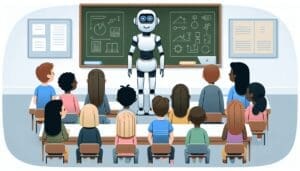 Une illustration montre un robot enseignant debout devant une salle de classe remplie d'élèves enthousiastes. Le robot est grand et métallique, avec des yeux numériques qui expriment chaleur et intelligence. La salle de classe est pleine d'enfants de différents âges, écoutant attentivement le cours du robot. La moitié des élèves dans la salle sont de descendance caucasienne et masculins, l'autre moitié sont noirs et féminins. L'illustration est simple et claire dans son style, mettant l'accent sur des lignes épurées et des couleurs minimalistes. - Furybiz