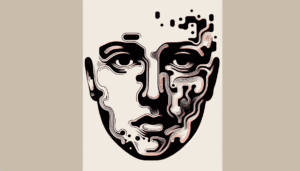 Un visage illustré avec des traits abstraits et déformés représentant l'idée d'images numériques manipulées, communément appelées 'deepfakes'. Le visage est représenté sur un fond simple et uni, ce qui met en valeur les traits perturbés. - Furybiz